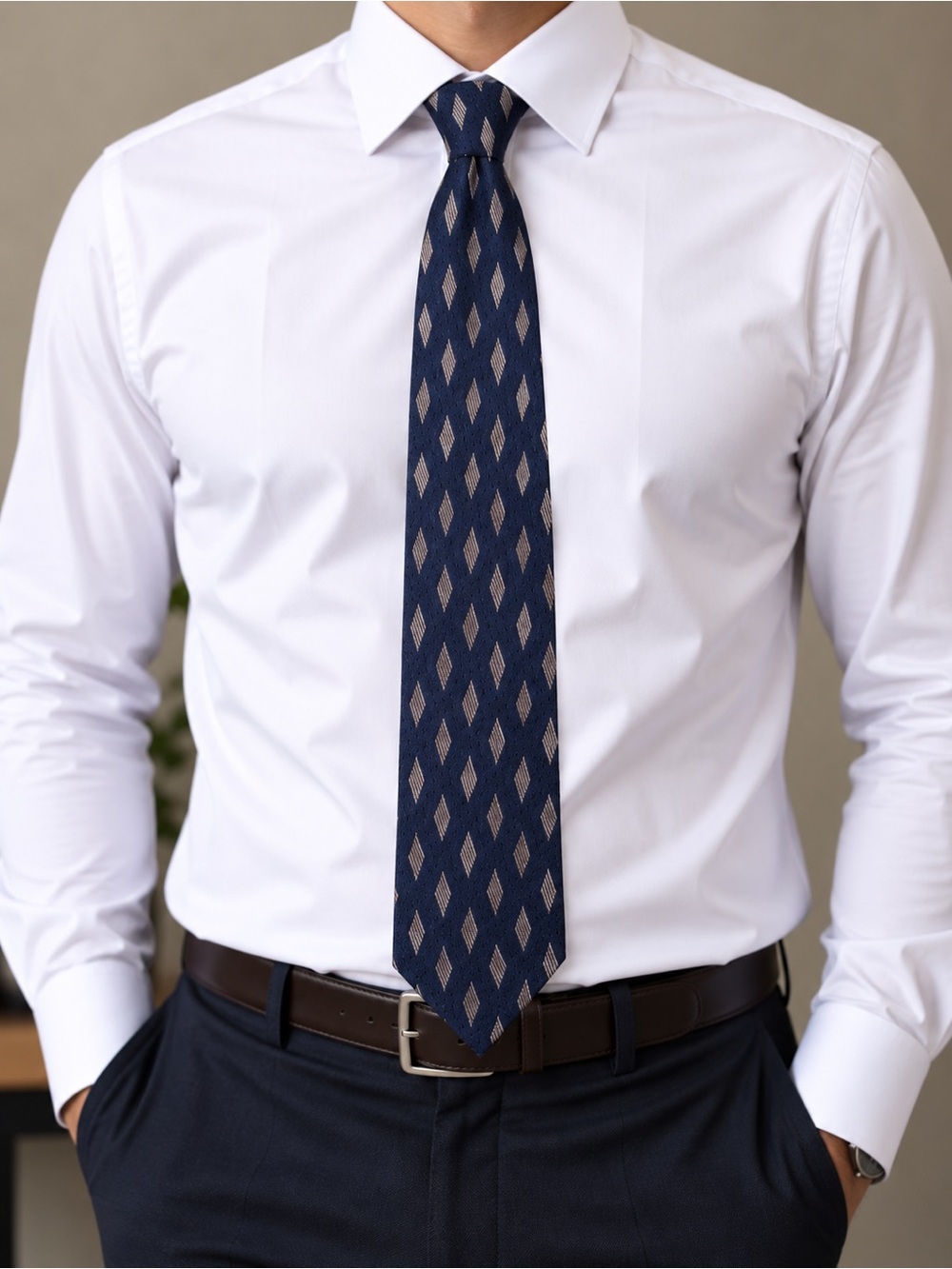 Donna Karan 100% Silk Tie Navy with Beige Diamond Motif